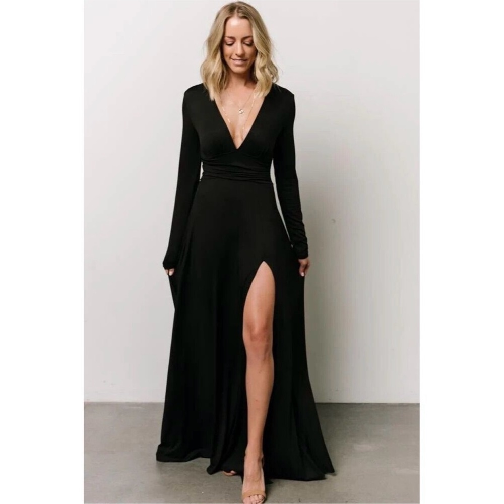 Baltic Born Black Long Sleeve V-Neck High Slit Maxi Dress NWOT Never Wor